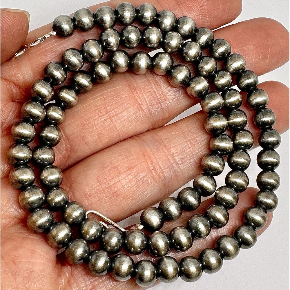 Navajo Pearls Necklace 18in 6mm Beads Sterling Silver Matte Strung Native Am 17g